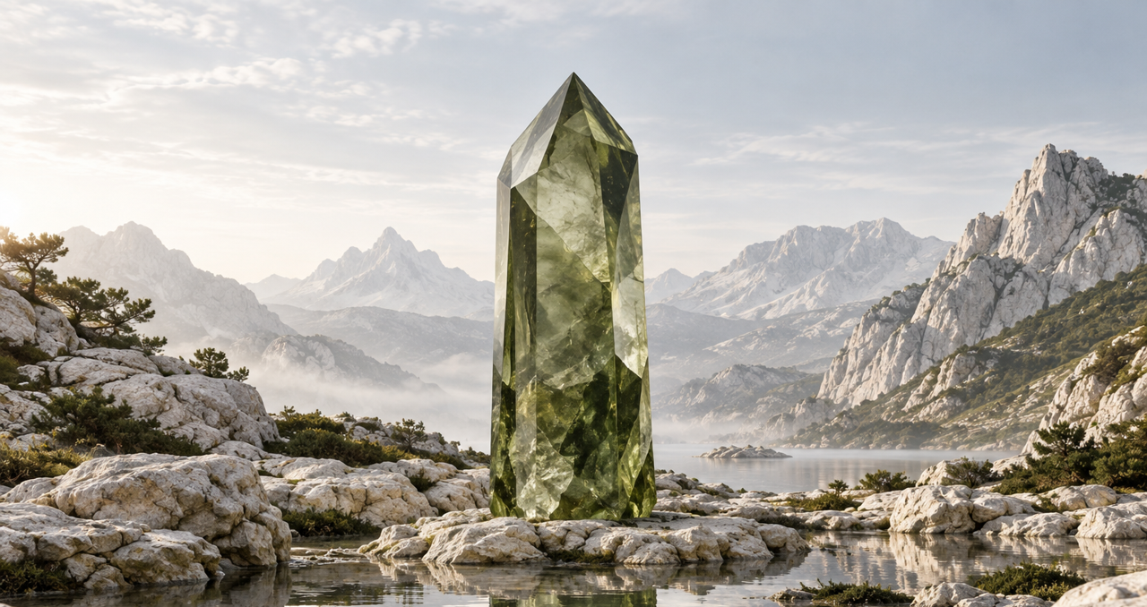 Green crystal in a mountain landscape