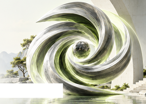 Marble vortex with olive-green energy in a tranquil stone landscape