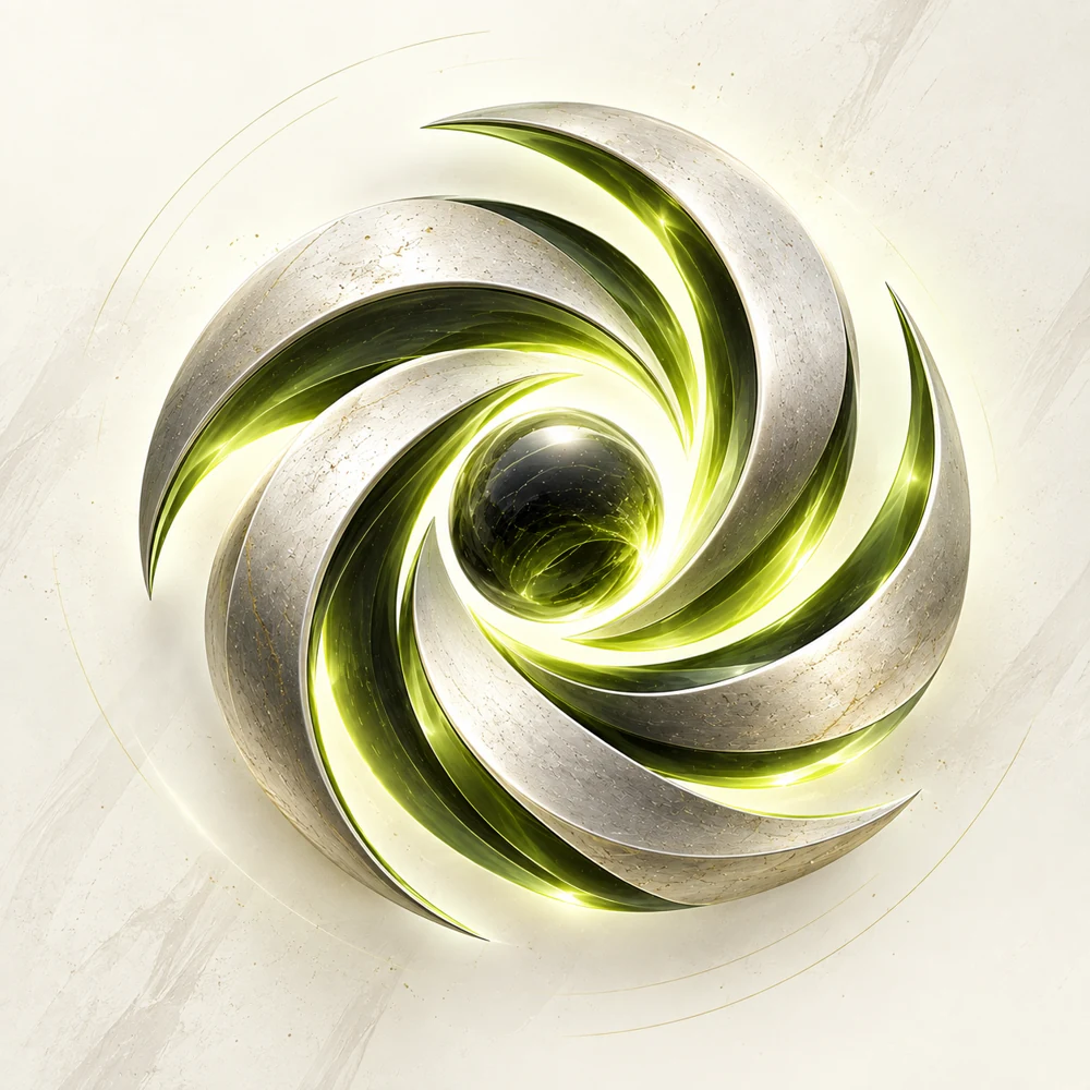 Polished silver-white and sage vortex surrounding a dark reflective sphere on cream