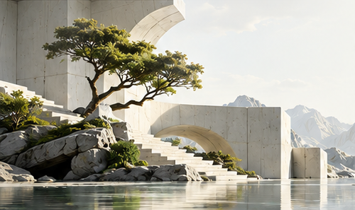 Bonsai tree above stone steps and still water